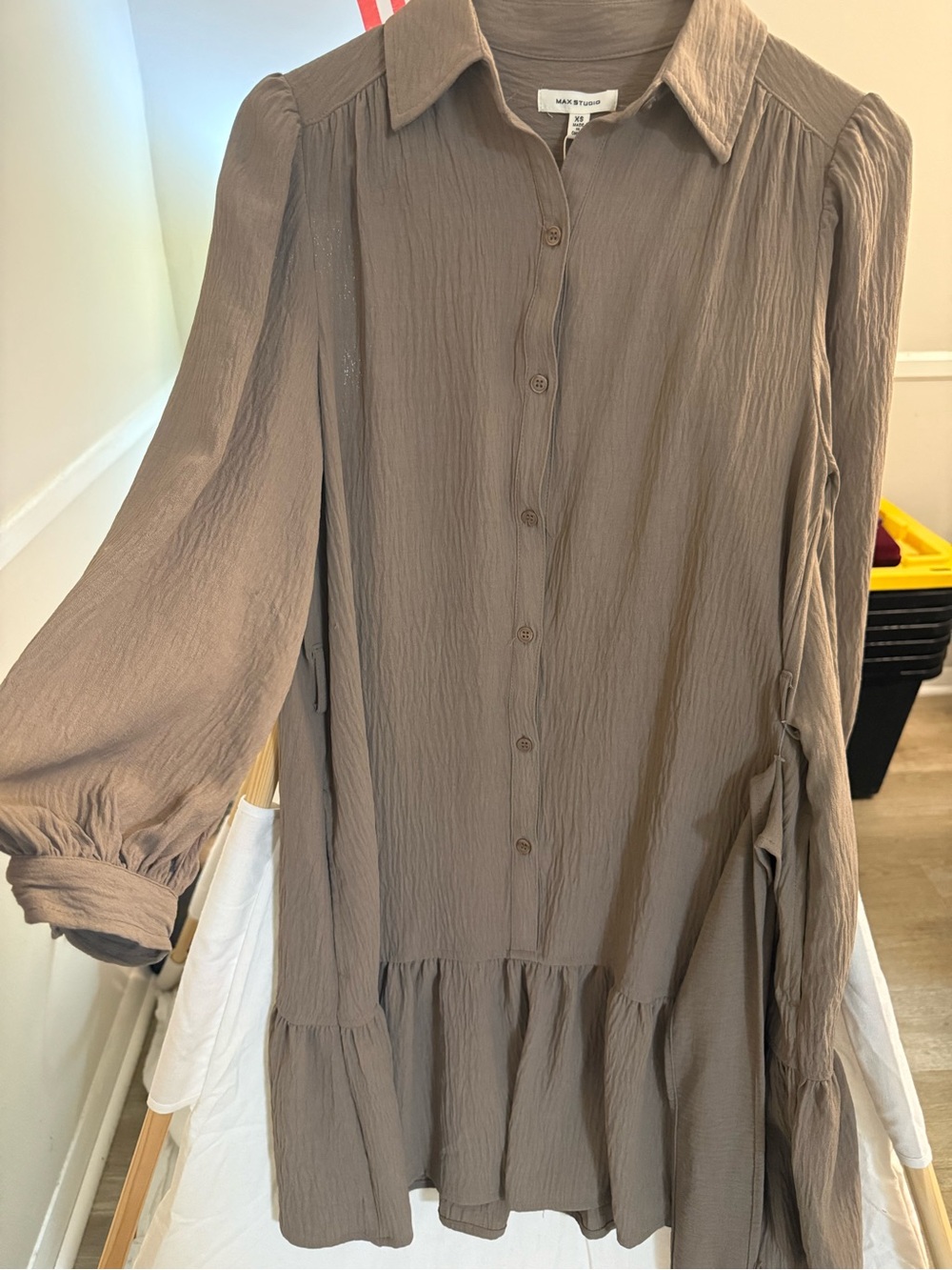 Max Studio Taupe Button-Front Tiered Long-Sleeve Shirt Dress